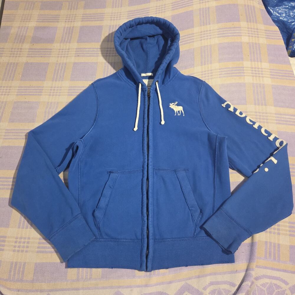 Abercrombie & Fitch Muscle Fit Zip Hoodie Distressed Y2K Moose Blue XXL 2XL VTG